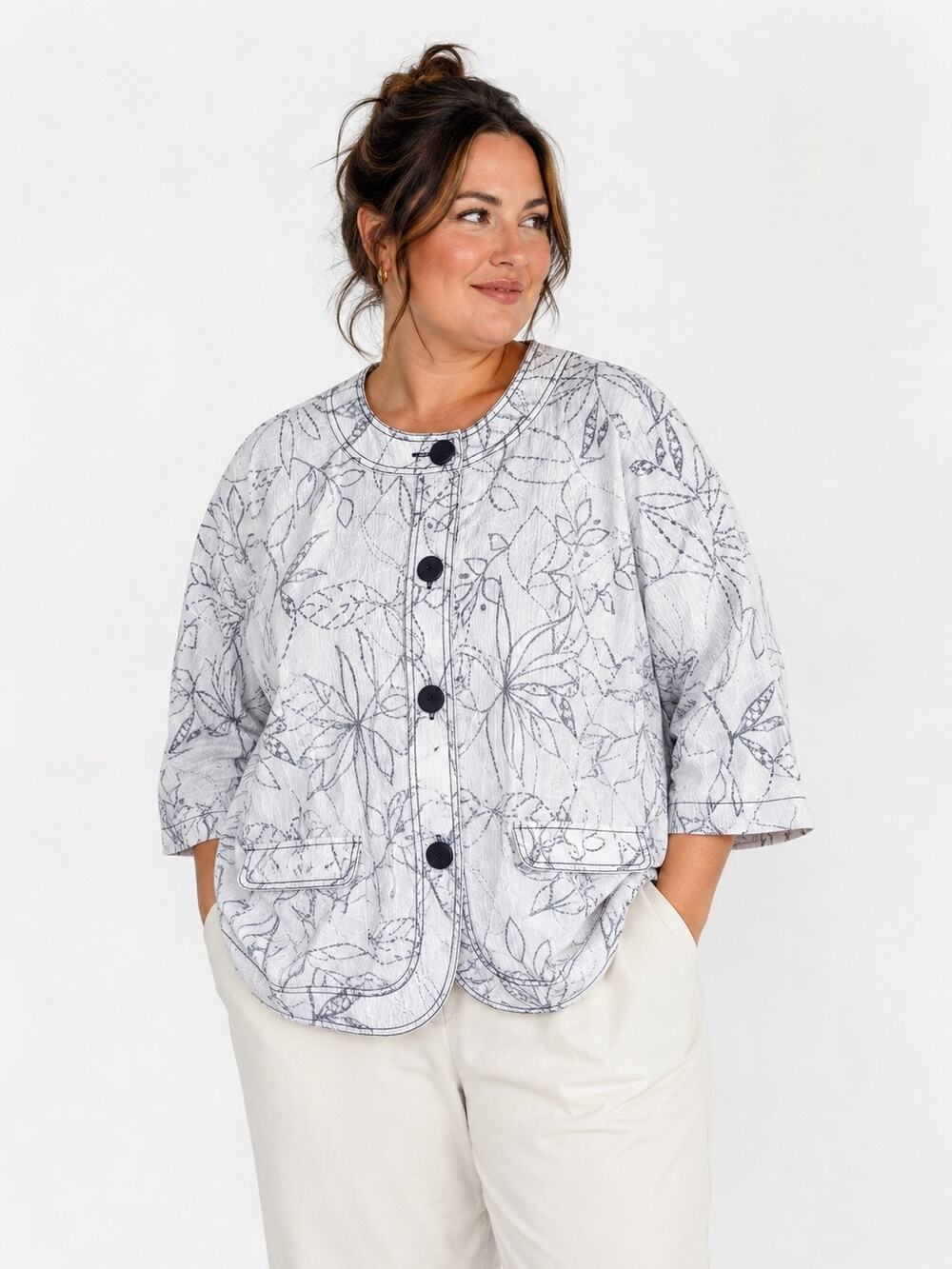 TanJay Women’s XL 16 Botanical Floral Textured Jacket 3/4 Sleeve Coastal Artwear